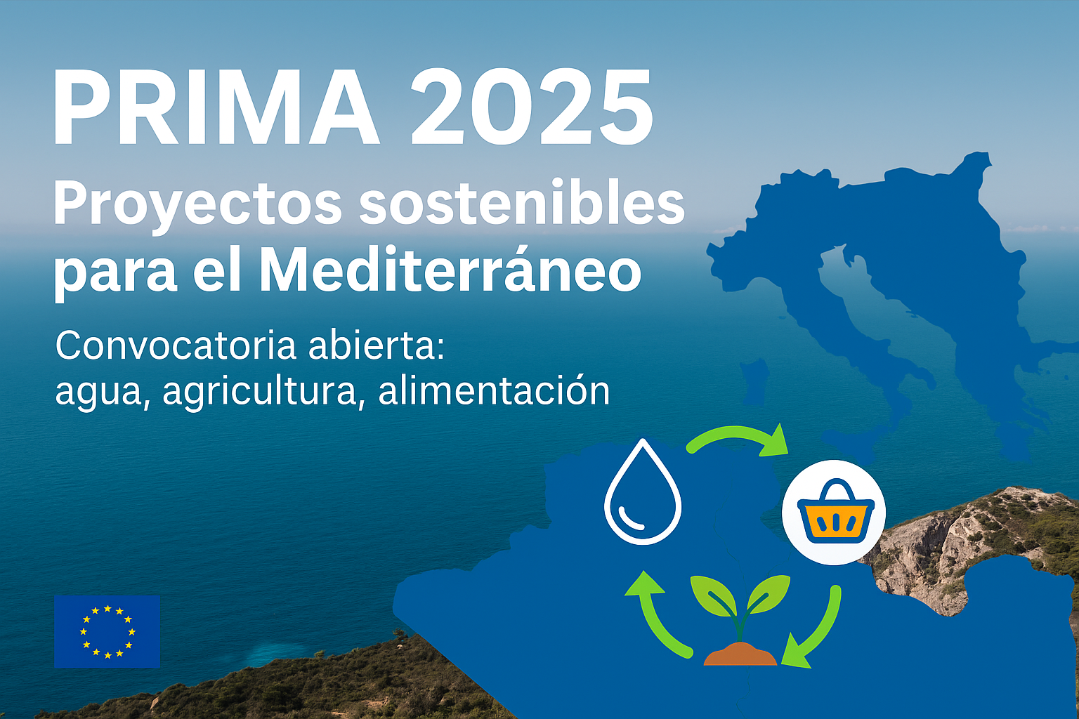 Banner de la convocatoria PRIMA 2025 con texto “Innovación mediterránea para agua, agricultura y alimentación sostenible” sobre un fondo agrícola.