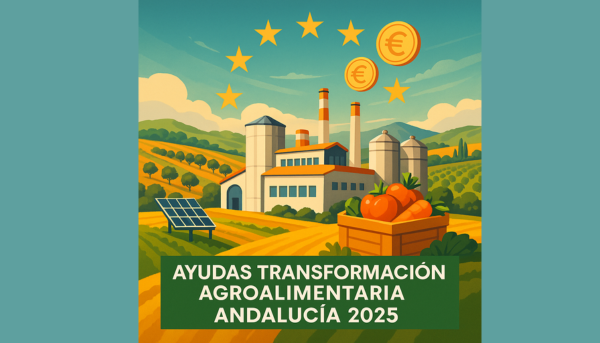 Planta agroalimentaria moderna en el campo andaluz con paneles solares, tomates y símbolos de financiación europea.