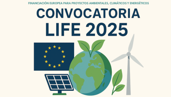 Ilustración de Convocatoria LIFE 2025 con bandera de la Unión Europea, Tierra, panel solar, aerogenerador y hojas